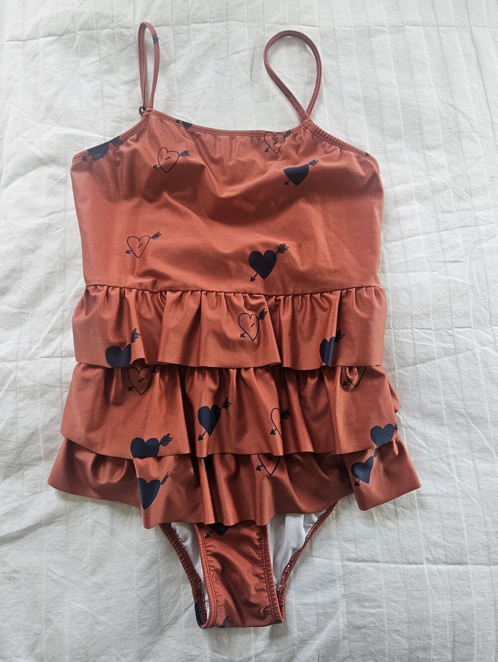 Mini Rodini Hearts Ruffle One Piece Swimsuit Bathingsuit, Size 140/9